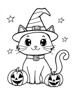A Cute Cartoon Cat Wearing a Stripped Witch Hat Coloring Page by Mindset Flow