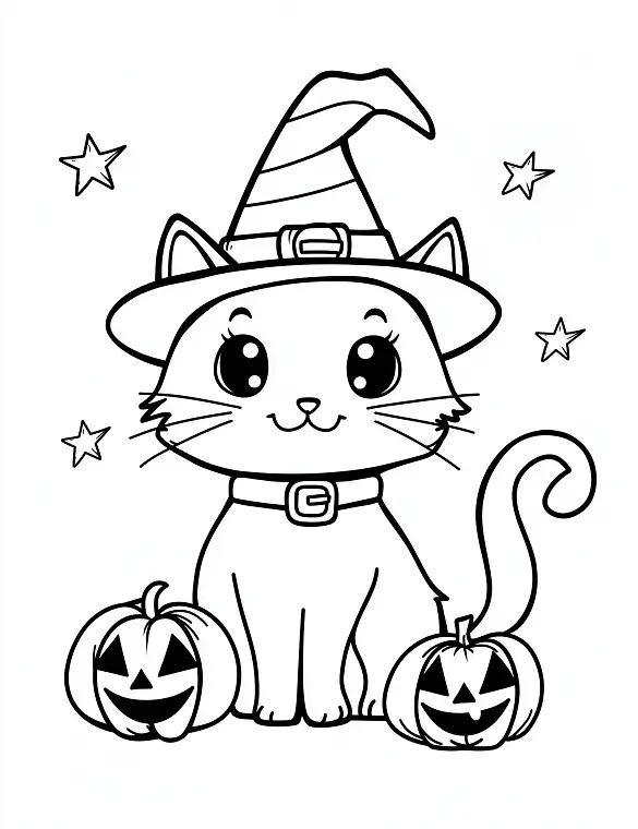 A Cute Cartoon Cat Wearing a Stripped Witch Hat Coloring Page by Mindset Flow