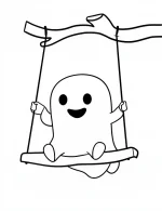 A Cute Ghost Swinging On A Tree Swing Smiling Happily Coloring Page by Mindset Flow