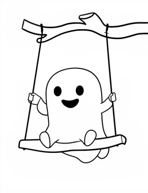 A Cute Ghost Swinging On A Tree Swing Smiling Happily Coloring Page by Mindset Flow
