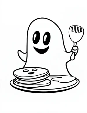 A Friendly Ghost With Cooked Pancakes Coloring Page by Mindset Flow