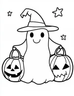 A Ghost Holding Two Pumpkin Handbags Coloring Page by Mindset Flow