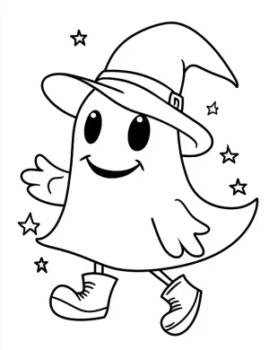 A Ghost Wearing Boots And A Witchcraft Hat Coloring Page by Mindset Flow