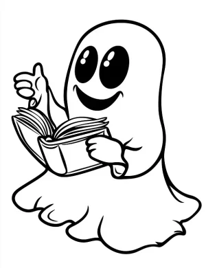 A Playful Ghost Reading a Book With a Finger Raised Coloring Page by Mindset Flow