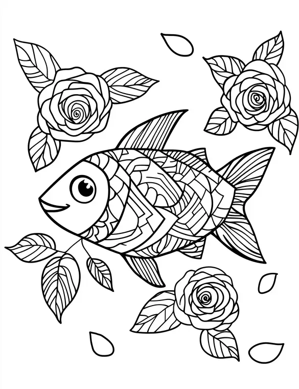 Abstract Floral Art Fish with Falling Leaves Printable Coloring Page