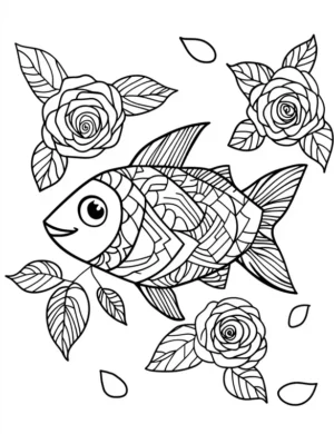 Abstract Floral Art Tree with Falling Leaves Printable Coloring Page