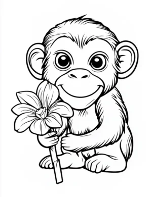 Adorable Baby Monkey Holding Flower Coloring Page