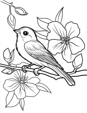 Adorable Bird Perched On Branch Flower Coloring Page By Mindset Flow