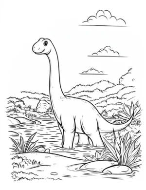 Adorable Brachiosaurus in Water Prehistoric Landscape Coloring Page