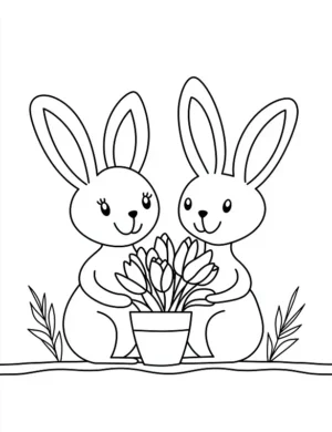 Adorable Bunnies With Potted Flowers Flower Coloring Page By Mindset Flow