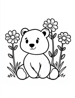 Adorable Cartoon Bear with Simple Flowers Coloring Page By Mindset Flow