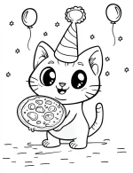 Adorable Cat with Pizza and Party Hat Coloring Page by Mindset Flow