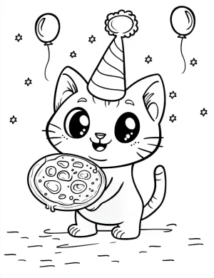 Adorable Cat with Pizza and Party Hat Coloring Page by Mindset Flow