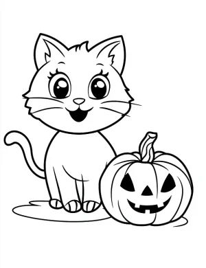 Adorable Cat with Pumpkin Halloween Coloring Page by Mindset Flow