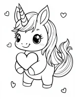 Adorable Chibi Unicorn Holding Large Heart with Floating Hearts Coloring Page