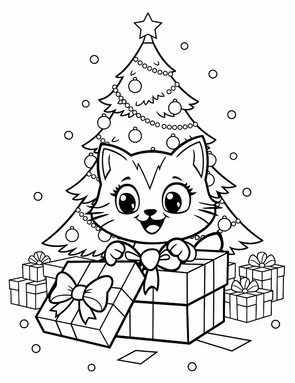 Adorable Christmas Kitten Opening Gift Coloring Page By Mindset Flow Adorable Christmas Kitten Opening Gift Coloring Page By Mindset Flow
