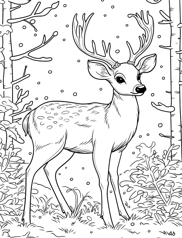 Adorable Deer in Winter Forest Christmas Coloring Page By Mindset Flow