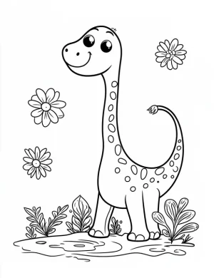 Adorable Dinosaur with Flowers and Plants Coloring Page