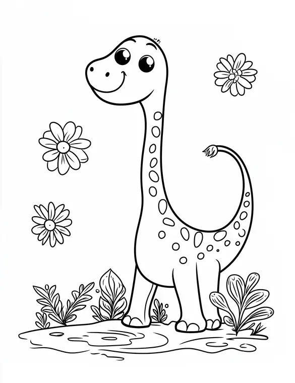 Adorable Dinosaur with Flowers and Plants Coloring Page
