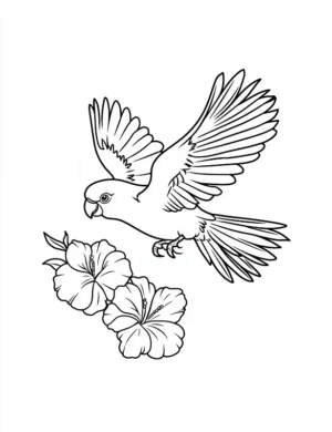 Adorable Flying Parrot With Hibiscus Flowers Flower Coloring Page By Mindset Flow