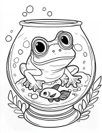 Adorable Frog in Fishbowl with Fish Coloring Page by Mindset Flow