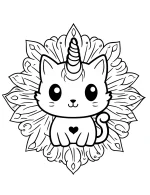 Adorable Kawaii Style Unicorn Cat Mandala with Heart Design Coloring Page