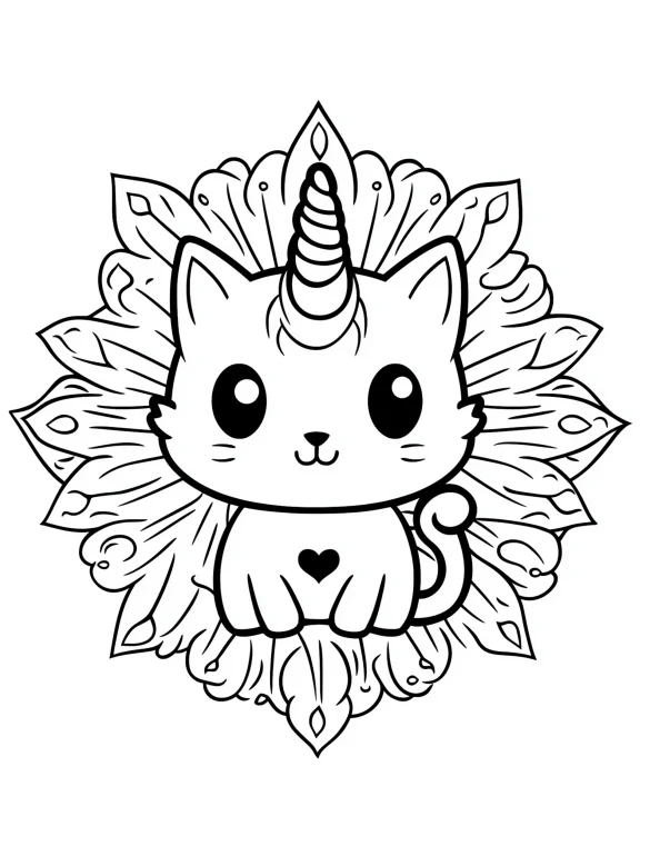 Adorable Kawaii Style Unicorn Cat Mandala with Heart Design Coloring Page
