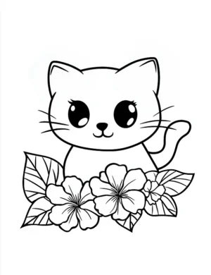 Adorable Kitten Surrounded By Hibiscus Flowers Flower Coloring Page By Mindset Flow