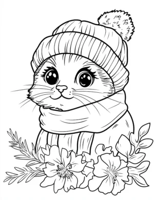 Adorable Kitty In Winter Scarf Surrounded By Flowers Flower Coloring Page By Mindset Flow