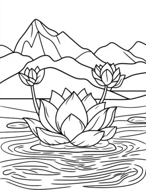 Adorable Lotus Flower Floating On Water With Mountain Background Coloring Page by Mindset Flow