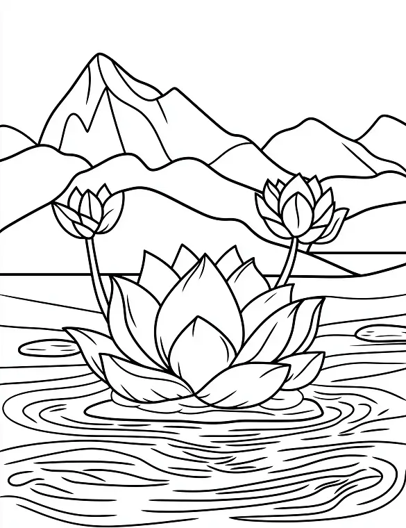 Adorable Lotus Flower Floating On Water With Mountain Background Coloring Page by Mindset Flow
