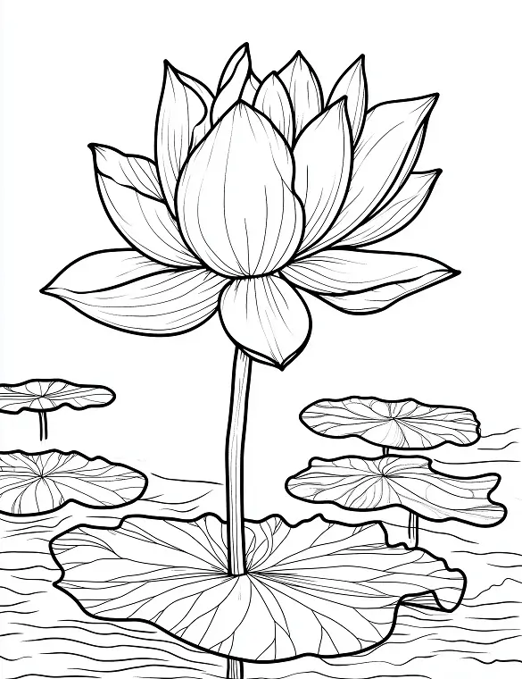 Adorable Lotus Flower On Water With Lily Pads Coloring Page by Mindset Flow