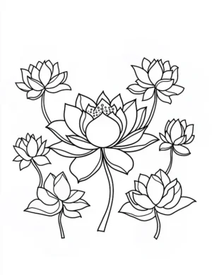 Adorable Lotus Flower Surrounded By Six Blooming Lotuses Coloring Page by Mindset Flow