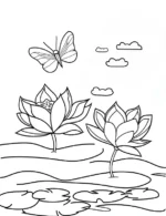 Adorable Realistic Lotus Flower With Butterfly And Clouds Coloring Page by Mindset Flow