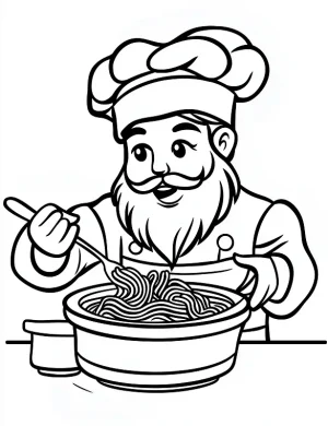 Adorable Santa Stirring Noodles in a Pot Coloring Page by Mindset Flow
