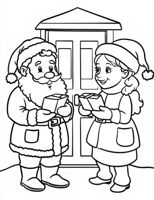 Adorable Santa and Mrs. Claus Holding Gift Boxes Coloring Page By Mindset Flow