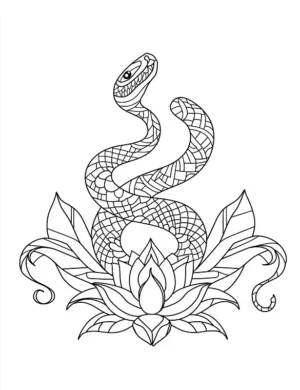 Adorable Snake Surrounded By Lotus Flower Design Coloring Page by Mindset Flow