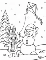 Adorable Snowman and Bunny Flying a Kite Coloring Page