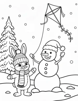 Adorable Snowman and Bunny Flying a Kite Coloring Page