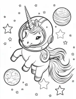 Adorable Space Unicorn Flying Through Stars and Planets Coloring Page