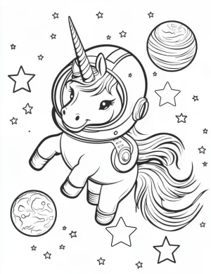 Adorable Space Unicorn Flying Through Stars and Planets Coloring Page