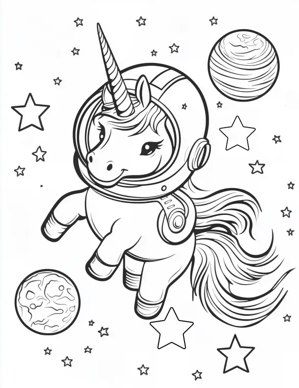 Adorable Space Unicorn Flying Through Stars and Planets Coloring Page