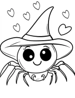Adorable Spider Wearing Witch Hat With Hearts Halloween Coloring Page by Mindset Flow
