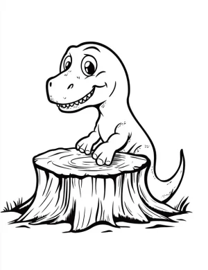 Adorable T-Rex Dinosaur Standing Near Tree Stump Coloring Page