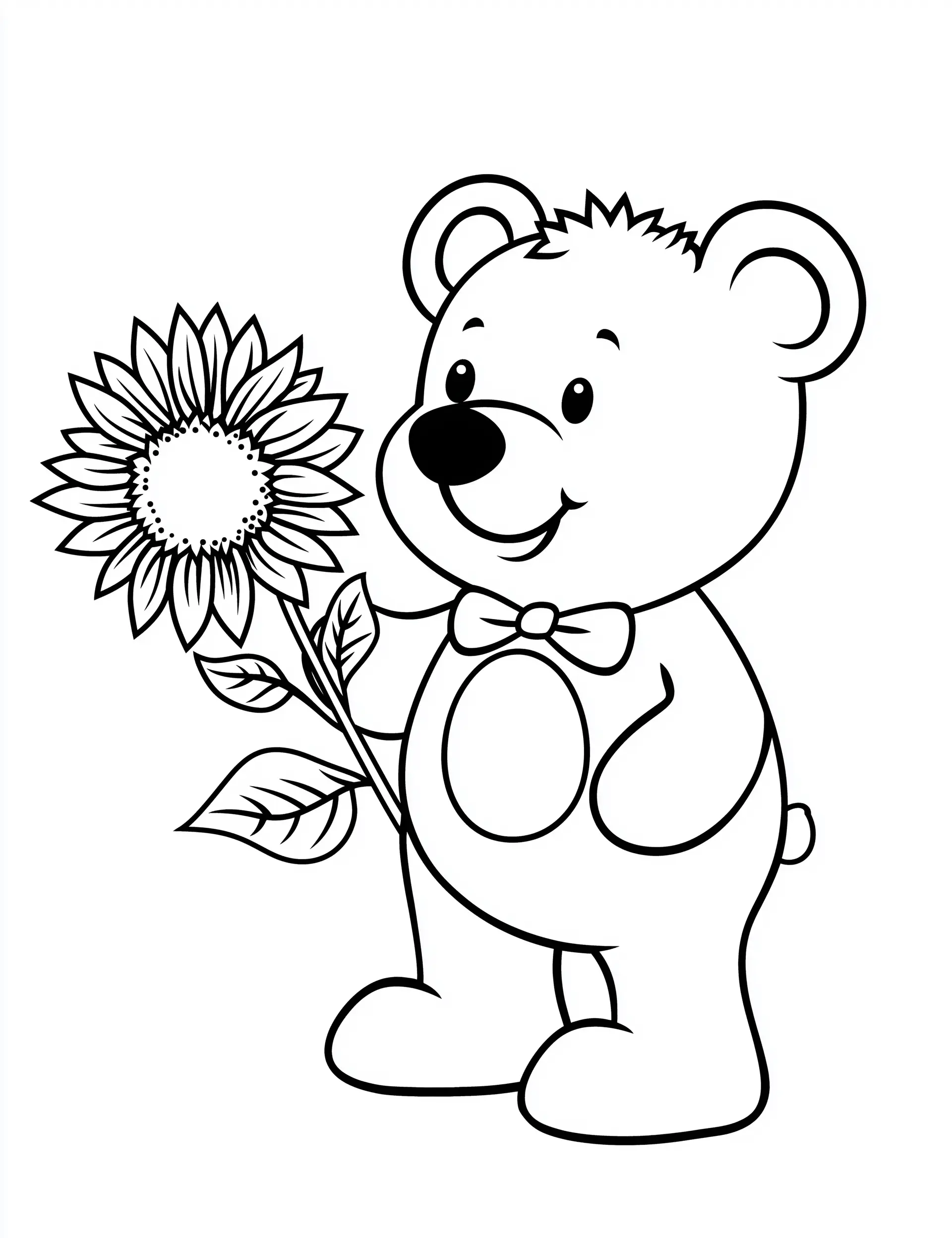 Adorable Teddy Bear Holding Sunflower Adult Coloring Page