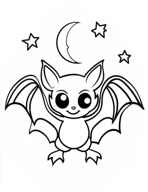 Adorable Vampire Bat Flying Under Moon And Stars Coloring Page by Mindset Flow