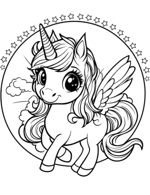 Adorable Winged Unicorn with Stars Coloring Page