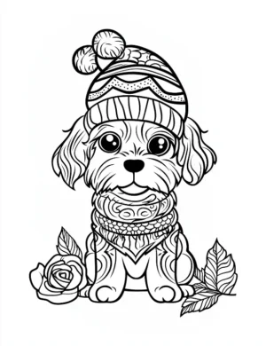 Adorable Winter Dog With Rose Flower Coloring Page By Mindset Flow