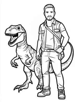 Adventurer and Velociraptor Dinosaur Friendship Coloring Page