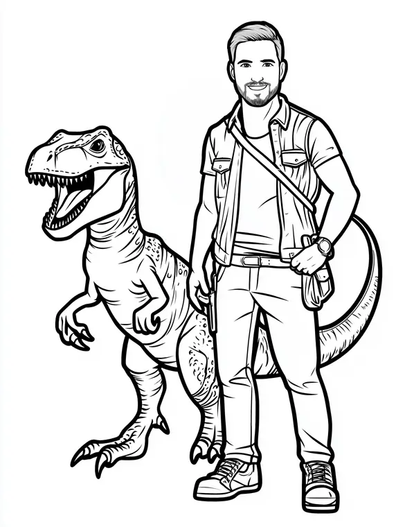 Adventurer and Velociraptor Dinosaur Friendship Coloring Page